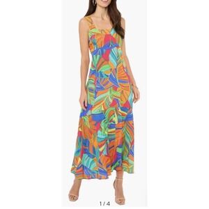 1.State Nordstrom Tropical Neon Floral Leaf Tiered Maxi Dress Beachy Vacay L B10